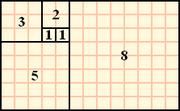 Uma grade preenchida com quadrados cujos lados so nmeros de Fibonacci, formando sucessivamente retngulos cada vez maiores e tendentes  razo urea